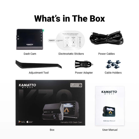 [FREE WIRE KIT] Kamatto Dashcam K30 Dual Channel 1.5K 1296P Full HD WiFi App 24H Parking Mode Screen