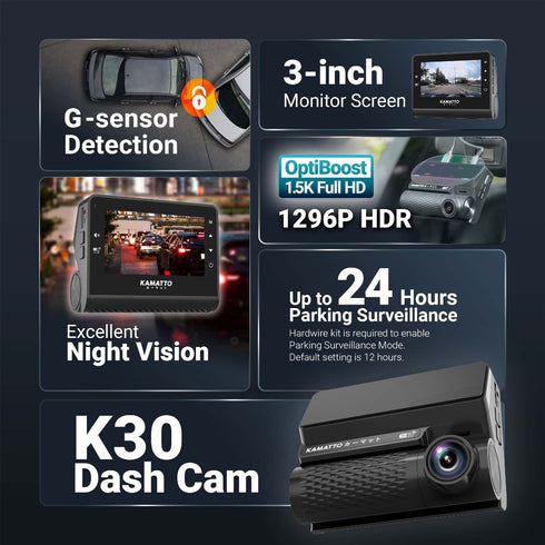 [FREE WIRE KIT] Kamatto Dashcam K30 Dual Channel 1.5K 1296P Full HD WiFi App 24H Parking Mode Screen